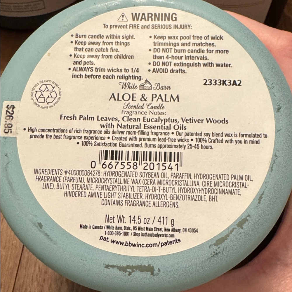BBW New 3-Wick Candle, Aloe & Palm, White Barn - Discontinued - Picture 3 of 5
